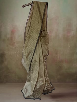 Blended Cotton Saree with Woven Zari Stripes & Tassles, Beige, SR1037