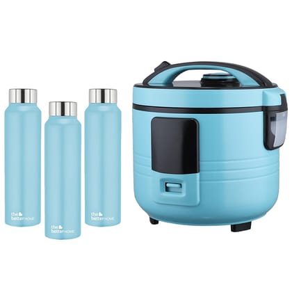 The Better Home FUMATO Cookeasy Automatic 500W Electric Rice Cooker 1.5L Blue  Stainless Steel Water Bottle 1 Litre Pack of 3 Blue-The Better Home FUMATO Cookeasy Automatic 500W Electric Rice Coo