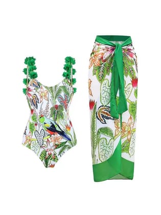 Ruffle Strap Tropical Print Swimsuit & Skirt Coord Set-Multicolor / M