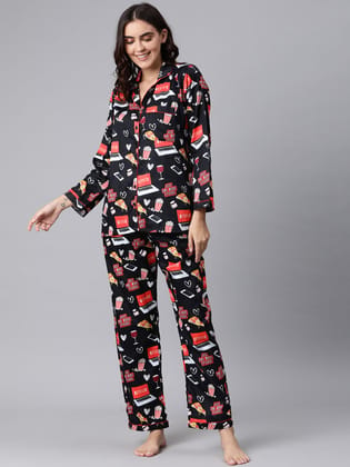 Netflix & Chill Button Down Pj Set - Pure Cotton Pj Set with Notched Collar-XS