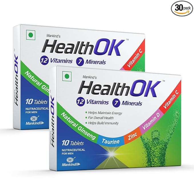 Health OK Multivitamin with Natural Ginseng Taurine power Daily Energy alertness Vitamin D C & other 17 multivitamins minerals for Overall Health 10 Tablets x Pack of 2