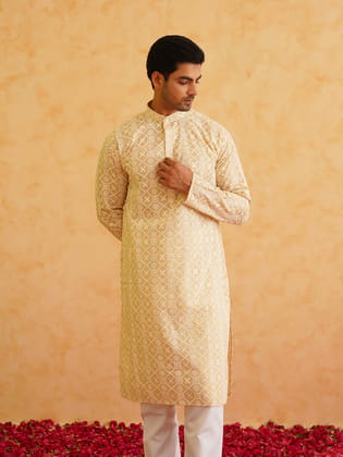 Men's Ethnic Motifs Embroidered Regular Thread Work Cotton Beige Kurta-36