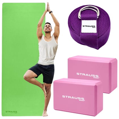 STRAUSS Yoga Starter Kit 6mm Green EVA Yoga Mat 2 EVA Foam Pink Yoga Blocks Purple Yoga Belt Ideal for Yoga  workout-STRAUSS Yoga Starter Kit| 6mm Green EVA Yoga Mat| 2 EVA Foam Pink Yoga Blocks|