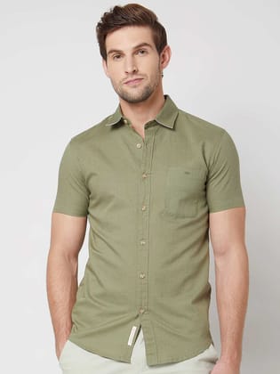 Mufti Light Olive Cotton Linen Plain Slim Fit Casual Shirt