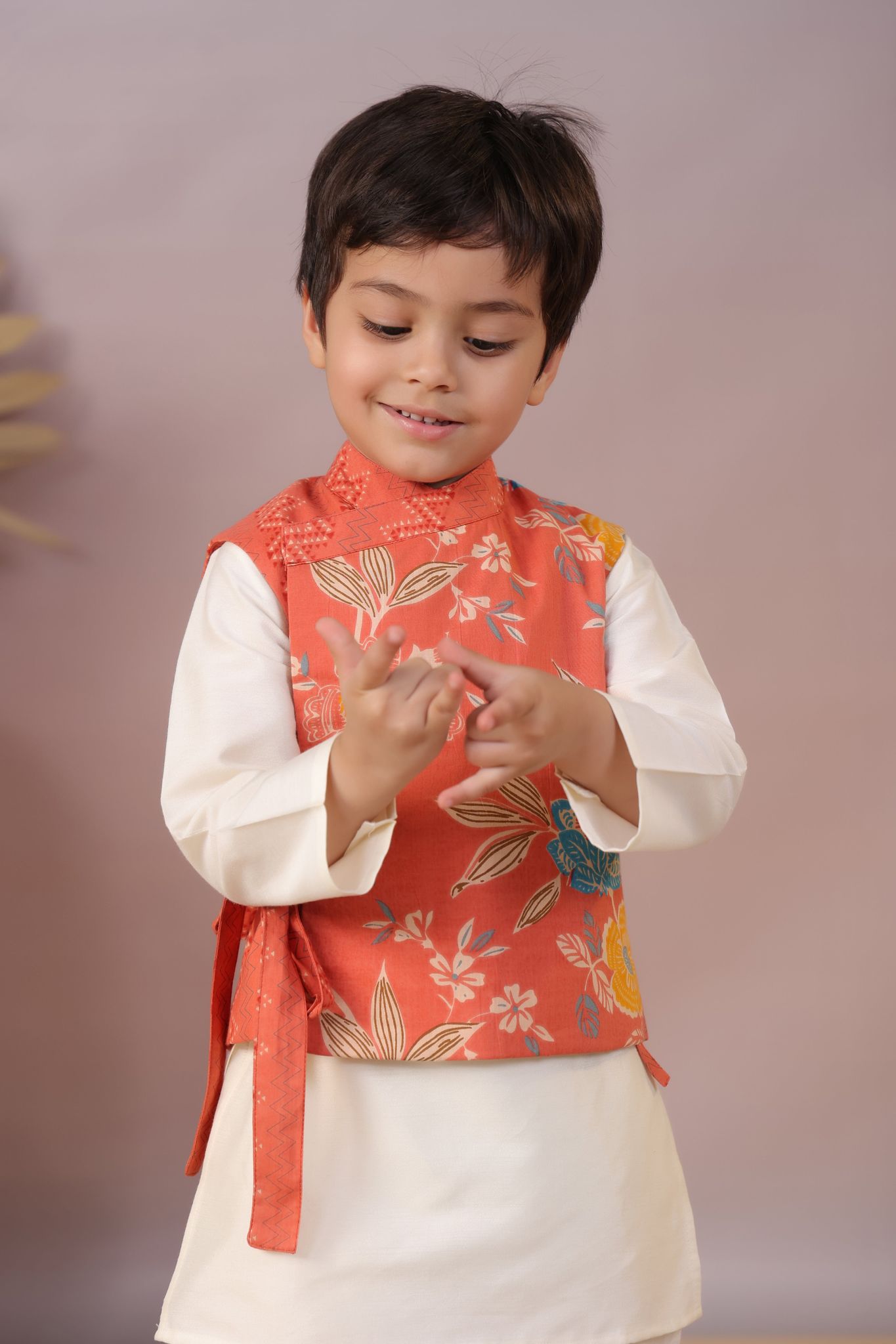 Off White Kurta with Side Knot Detail Printed Rust Jacket and Pyjama-0-6 months