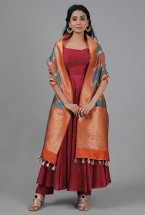 Orange Ochre & Cyan Bandhani Brocade Dupatta