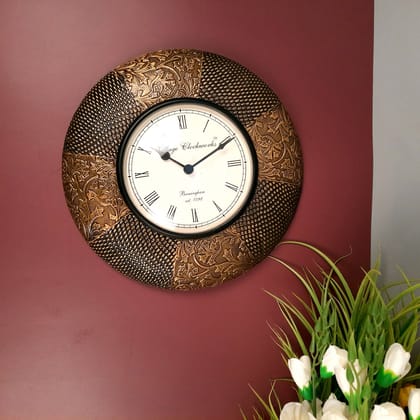 Wall Clock for Home | Wall Mount Analogue Clock With Antique Brass Work - For Living Room, Bedroom, Hall, Office Decor & Gift - 12 Inch