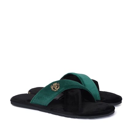 Black-Green Cross Straps Comfy Velvet Slide-in Slippers By Brune & Bareskin-40/6