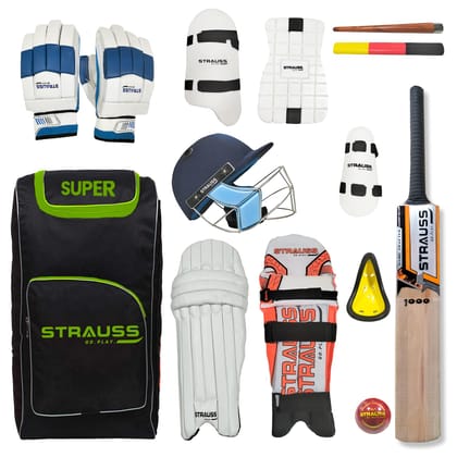 Strauss Super Cricket Kit, Set of 12, Short Handle, Standard Leather Ball, Ideal for Right-Handed Players, Age 15+-Strauss Cricket Kit | Edition: Super | Complete Cricket Kit Set | Set of 12 | Si