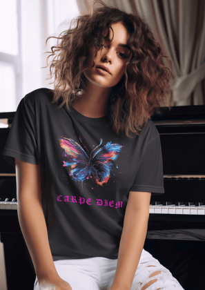 Butterfly Neon Design Premium Cotton Tshirt-S / Black