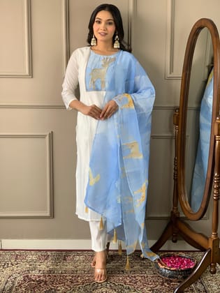 WHITE & SKY VISCOS EMBROIDERY WORK KURTI PANT WITH FANCY DUPATTA-S