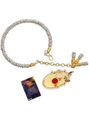 Designer Silver Kada Bhabhi Rakhi With Kankawati Pooja Thali Roli Chawal And Raksha Bandhan Greeting Card - None