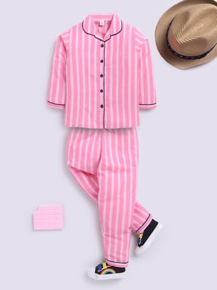 Pink Full Sleeves Striped Night Suit-6-7 y