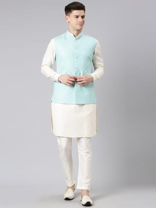 Light Blue Cotton Jacquard Jacket Kurta Set-Made To Measure / Pajama set