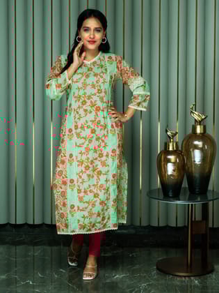 Light Green Floral Print Kurti With Lace Detailing-42