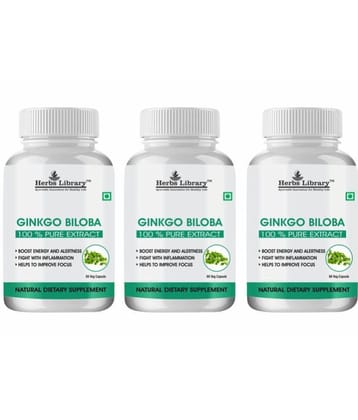 Herbs Library Ginkgo Biloba for Better Concentration, Memory & Learning 60 Capsules Each (Pack of 3)