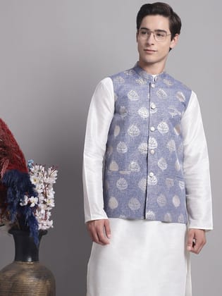 Men's Blue and Golden Printed Nehru Jacket-S / Blue