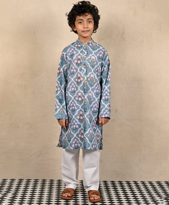 SKY BLUE FLORAL PRINT PURE COTTON KURTA PYJAMA SET - BLUE/WHITE-2-3 YEARS / 2N / BLUE/WHITE