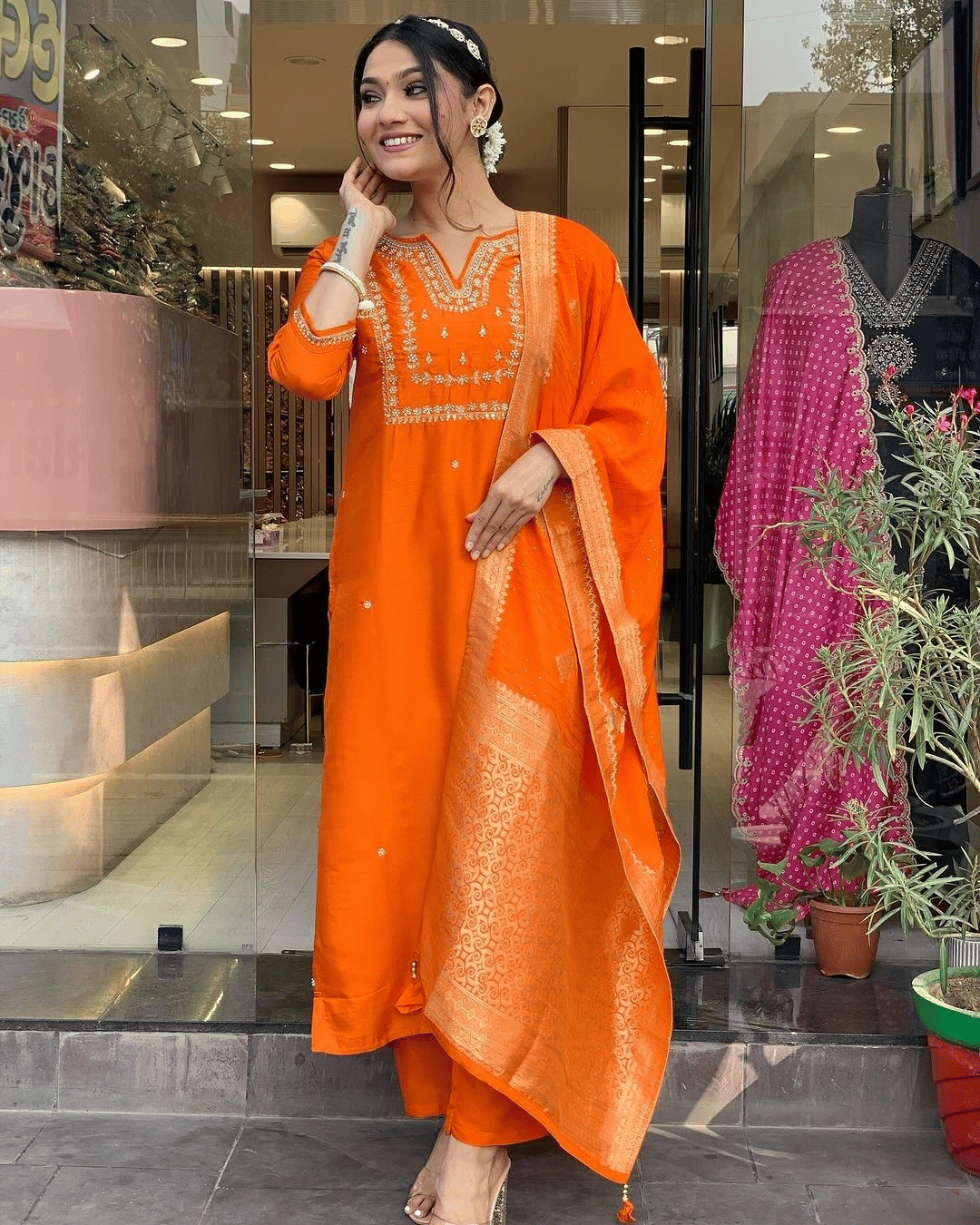 Women Viscose Chanderi Embroidered Straight Kurta with pant and dupatta sets-S