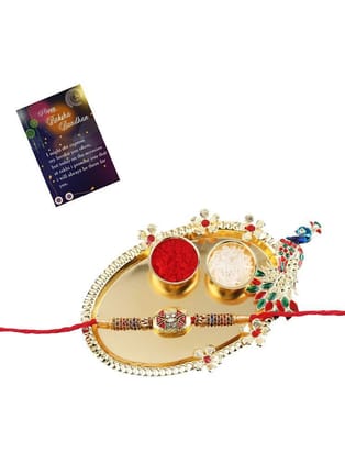 Stylish Designer Look Rakhi For Bhaiya/Brother/Bhai With Roli Chawal And 1 Greeting Card 1 Kankawati Pooja Thali - None