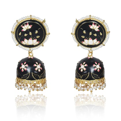 Meenakari Traditional Lotus Engraved Jhumki Earring, Dome Shaped Jhumka Earrings with Pearl Beads for Girls and Women