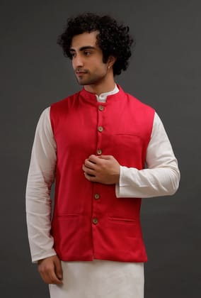 Scarlet Red Woollen Blend Nehru Jacket-40