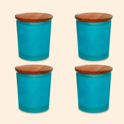 Blue Frosted  GLASS JAR with wooden lid-Pack of 4