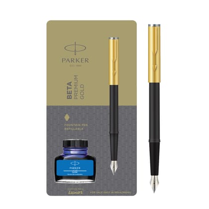 Parker Beta Premium Fountain Pen With Gold Trim + Ink Bottle - Body Color Golden - Ink Color Blue