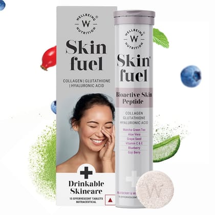 Wellbeing Nutrition Skin Fuel Tablets: Japanese Collagen, L-Glutathione, Hyaluronic Acid, Antioxidants for Skin Radiance & Hydration - Pack of 1-Wellbeing Nutrition Skin Fuel (15 Tablets) | Colla