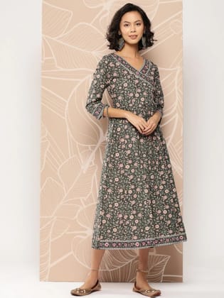 Olive Green Angrakha Style Dress-36