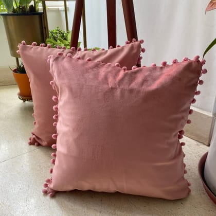 Suede Pompom Rosewood Cushion Covers, 16" x 16", Pack of 2