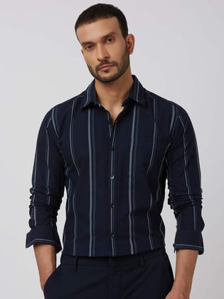 Navy Wide Stripe Slim Fit Casual Shirt