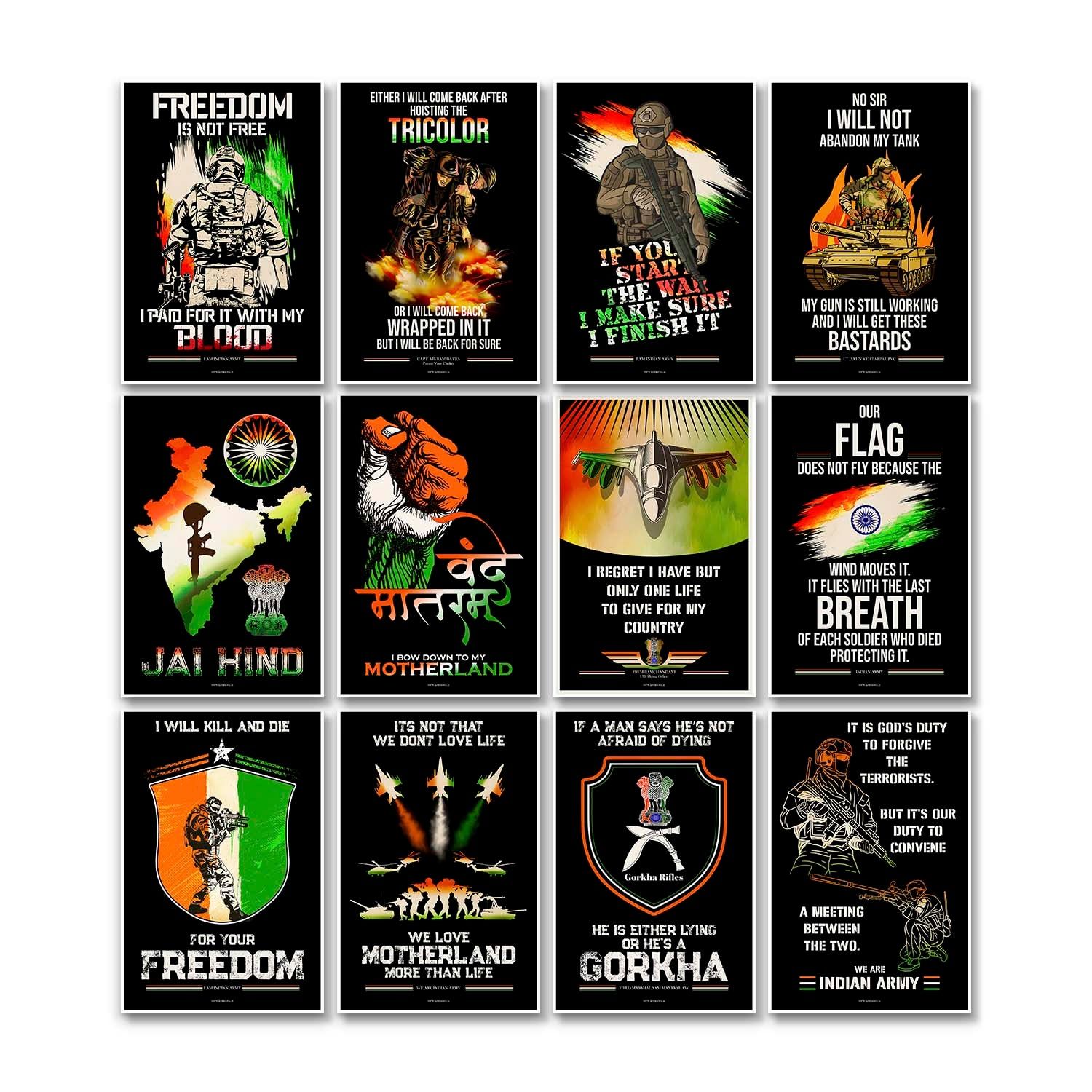 Set of 12 - Patriotic Posters, Indian Army Poster, Armed Forces, Bravehearts, Aazadi Ka Amrit Mahotsav Poster, Gift for Soldiers, Gift for Veterans-12x18 (Unframed) inches