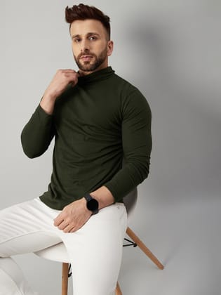 Gritstones Men Olive Green High Neck Cotton Solid T-Shirt