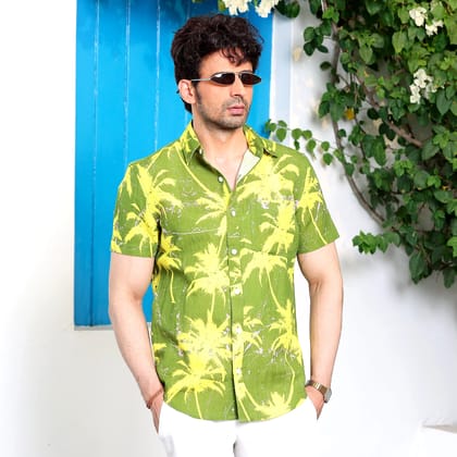 Coconut Tree Dark Lemon Casual Pure Linen Half Shirt (Size - S) by BLUE EAGLE