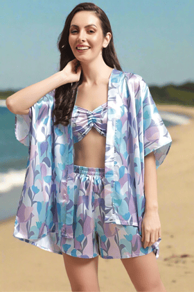 Blue Color Tropical Printed Satin 3 pcs Coverup Set With Robe Beachwear  For Woman-s