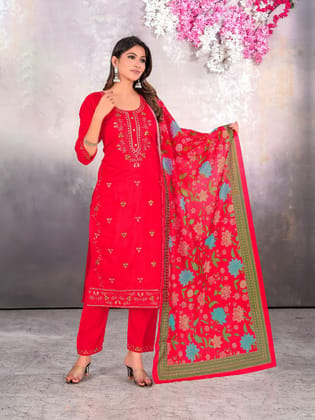 Rayon-Cotton Embroidered Straight Kurti with Pant and Dupatta-Red / L