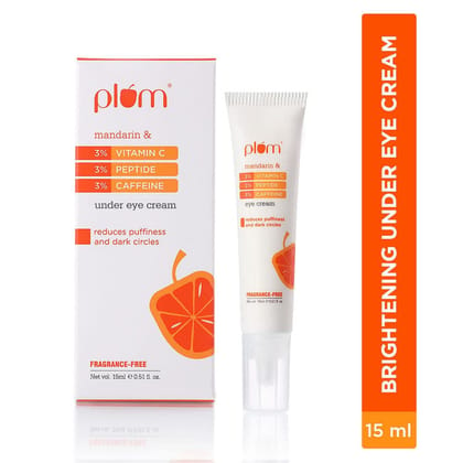 Plum 3% Vitamin C, 3% Peptide & 3% Caffeine Under Eye Cream with Mandarin, 15 ml | Fragrance-Free | 100% Vegan