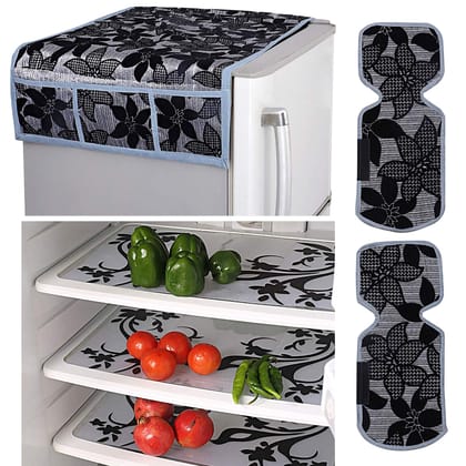 Kuber Industries Floral Design Combo PVC 3 Pieces Fridge Mats 2 Piece Handle Cover and 1 Piece Fridge Top CoverBlack-Kuber Industries Floral Design Combo PVC 3 Pieces Fridge Mats, 2 Piece Handle 