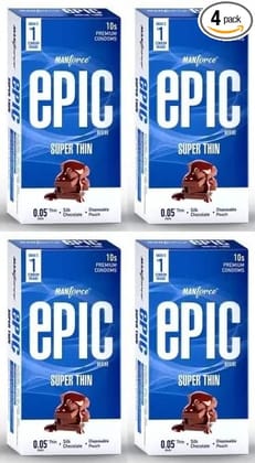 Manforce Epic Desire Super Thin Premium Condoms for Men Silk Chocolate Flavour Disposable Pouch (10 Counts) x pack of 4