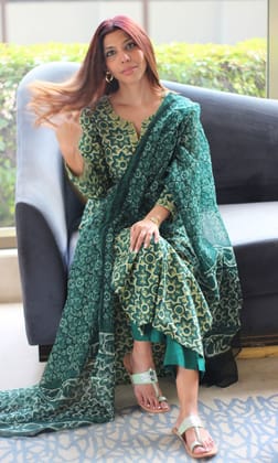 Cotton Green Ajrakh Vanaspati Suit Set with Kota Doria Printed Dupatta-XXS