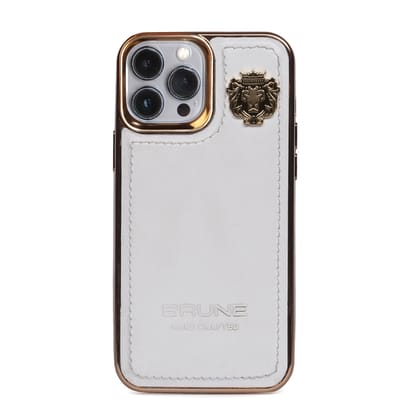 Prosperous Mobile Cover Golden Rim Apple iPhone 13 Series White Genuine Leather With Metal Lion Logo By Brune & Bareskin-15ProMax