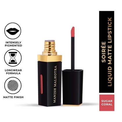 Manish Malhotra Soiree Liquid Matte Lipstick - Sugar Coral (Peach Shade) | Long Lasting, Transfer-resistant With Vitamin E