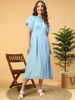 Sober Blue Butterfly Sleeve Pletaed Smocking Detailed Long Maxi Women Dress-S