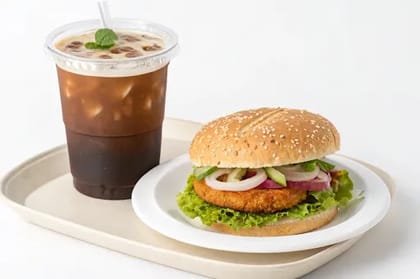 Cold Coffee With Crispy Veg Burger