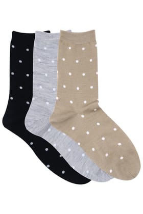 Balenzia Women's Polka Patterned Woolen Toe Socks- Black-L.grey-Beige (Pack of 3 Pairs/1U)-Stretchable from 19 cm to 30 cm / 3 N