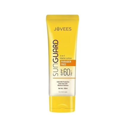 Jovees Herbal Sun Guard Lotion SPF 60 PA+++ Broad Spectrum| 3 in 1 Matte Lotion | UVA/UVB Protection, Moisture Balance, Even Tone Skin | Paraben and Alcohol Free | For Women/Men | 100ML (Cream)