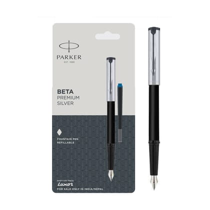 Parker Beta Premium Fountain Pen With Stainless Steel Trim -Body Color Silver- Ink Color Blue