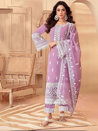 Women's Cotton-Silk Straight Suit with Dupatta-Lavender / L