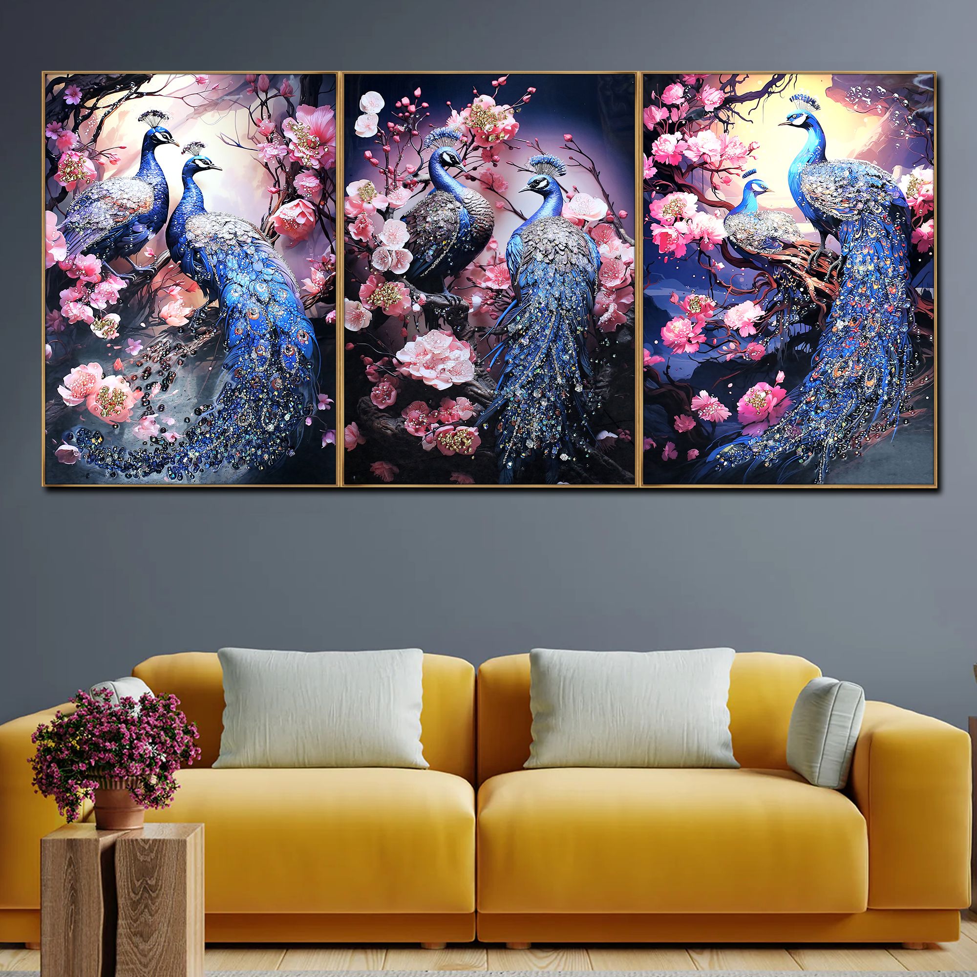 Harmonious Peacock Symphony Crystal Glass Nature Painting - Set Of 3-EACH PANEL : HEIGHT - 28 INCHES & WIDTH - 20 INCHES / CRYSTAL AND GLASS WORK / COMES WITH A GOLDEN COLOUR OUTER METAL FRAME